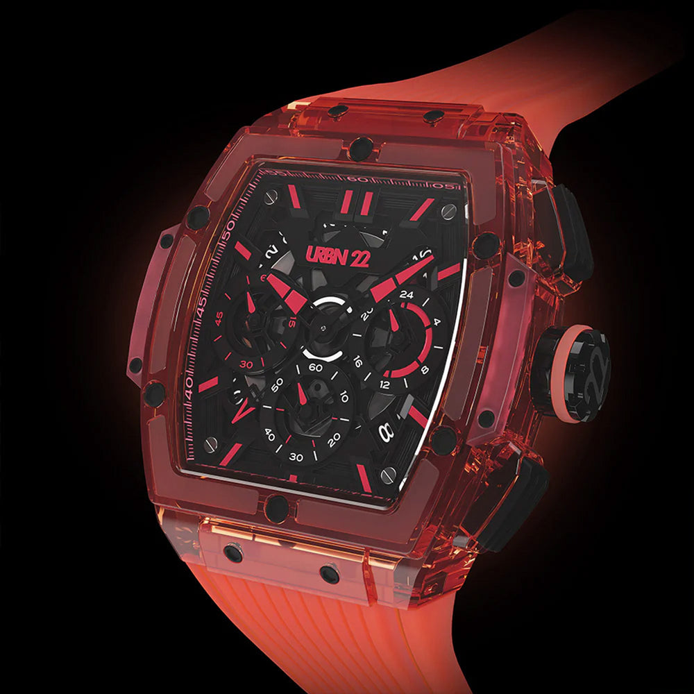 URBN22 Coral Red Japanese Quartz VD53 Chronograph 5ATM WR Black & Red Dial & Red Polycarbonate Case Mens Watch with Red Silicone Strap_8367956_2