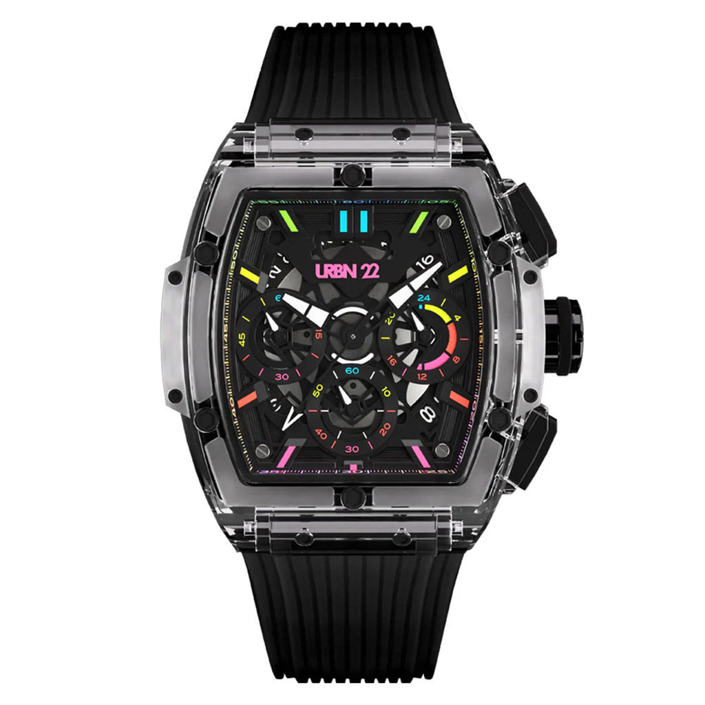 URBN22 Clear Mayhem Japanese Quartz VD53 Chronograph 5ATM WR Black & Multicolour Dial & Transparent Polycarbonate Case Mens Watch with Black Silicone Strap_8367958