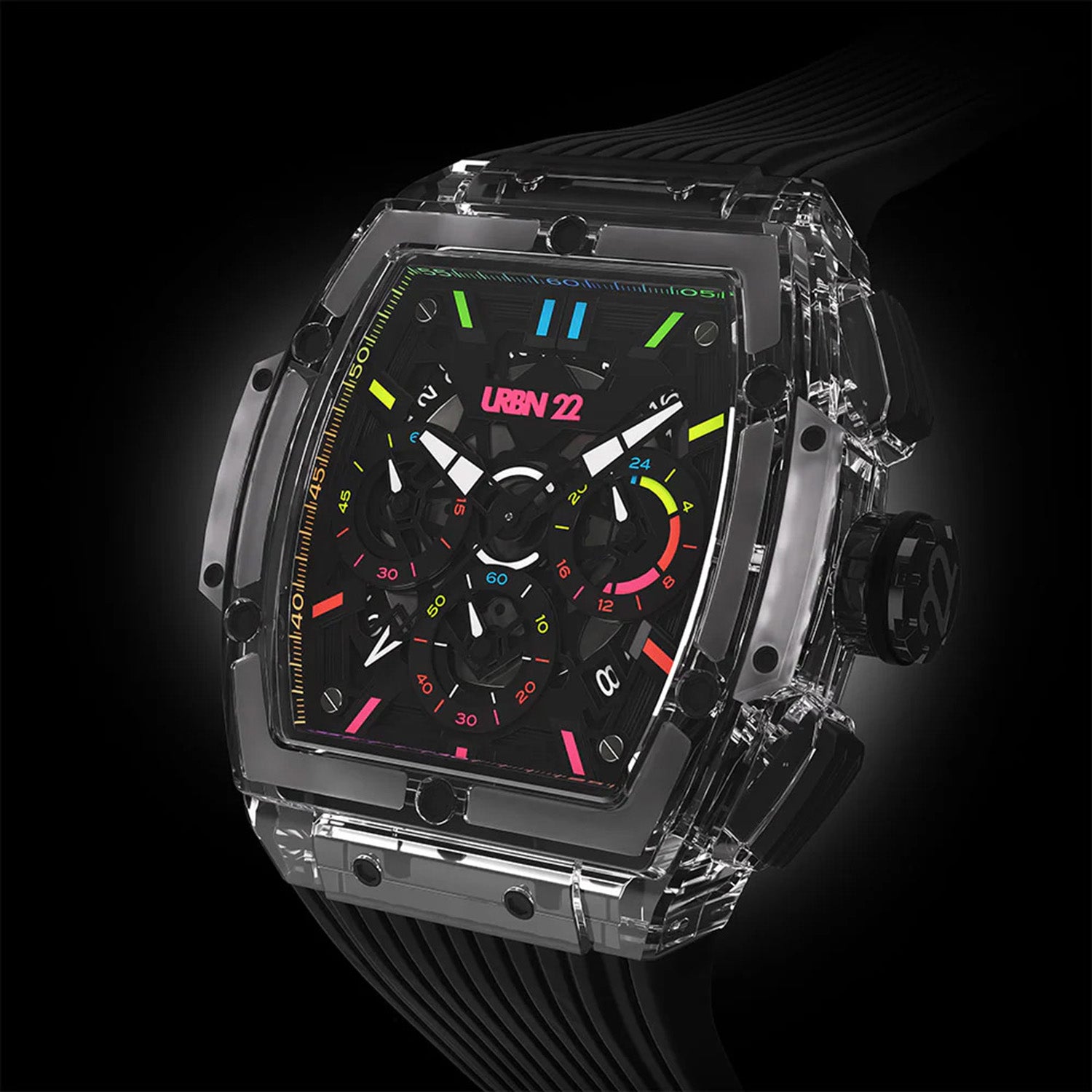 URBN22 Clear Mayhem Japanese Quartz VD53 Chronograph 5ATM WR Black & Multicolour Dial & Transparent Polycarbonate Case Mens Watch with Black Silicone Strap_8367958_2