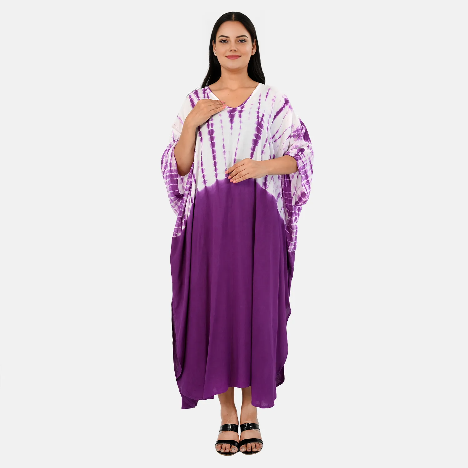 & Maisi Rayon Staple Patterned Kaftan (Size - One Size) - Purple_8368856