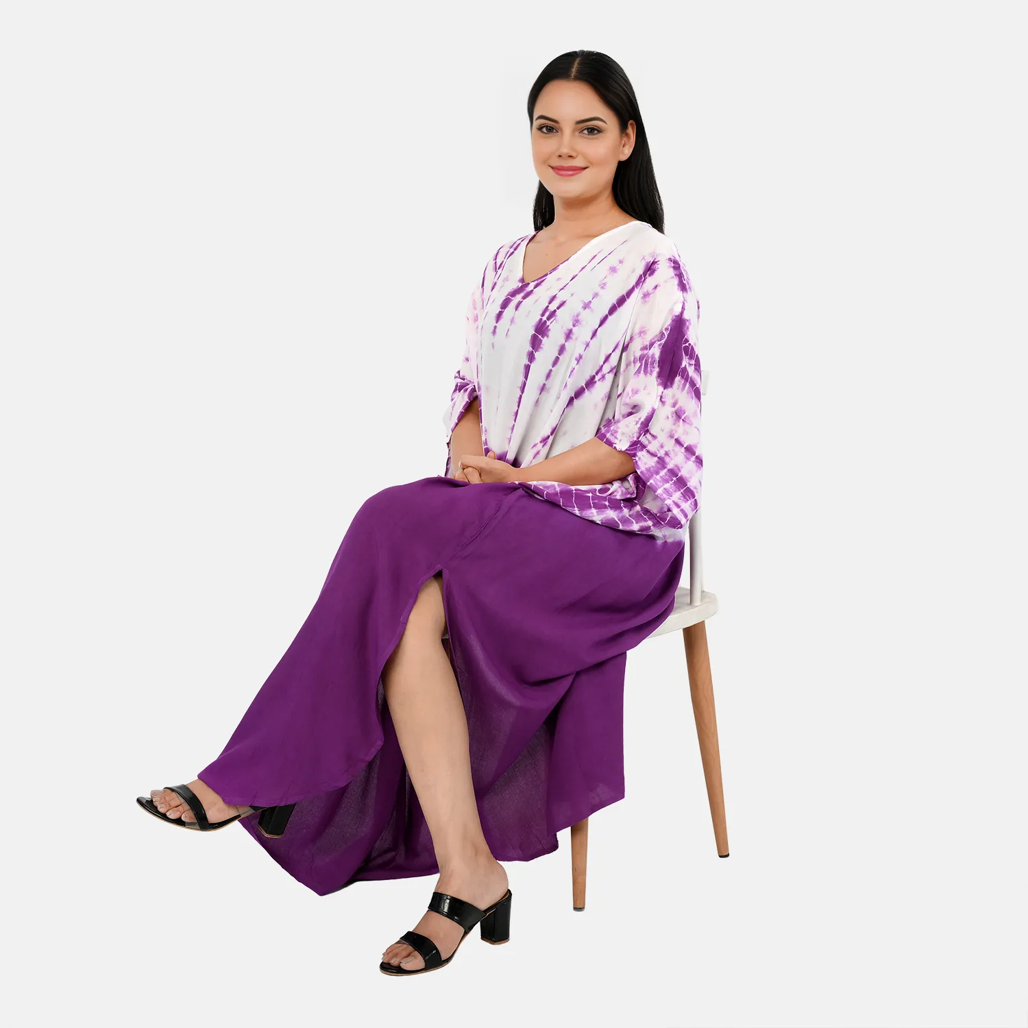 & Maisi Rayon Staple Patterned Kaftan (Size - One Size) - Purple_8368856_3