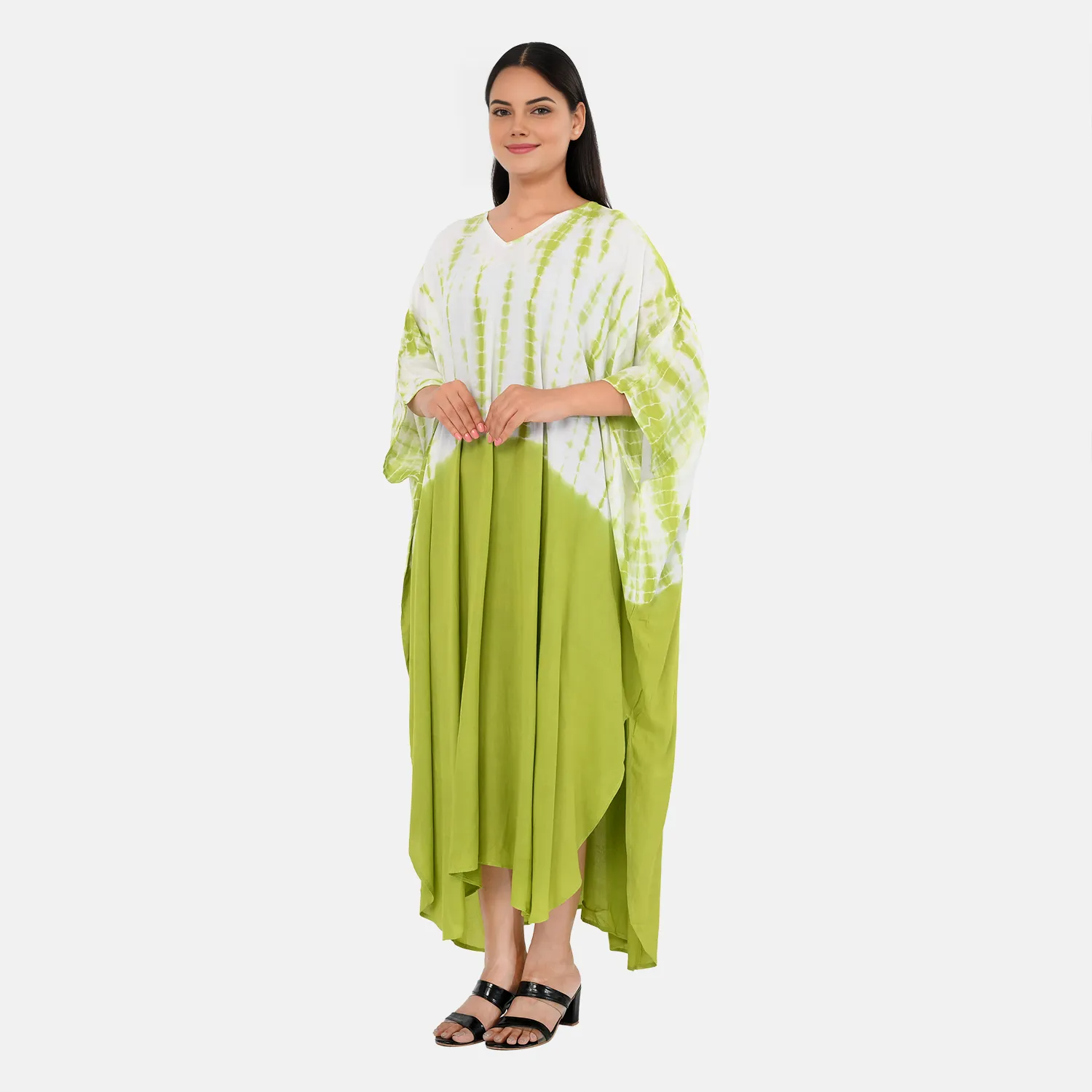 & Maisi Rayon Staple Patterned Kaftan (Size - One Size) - Green_8368858_1
