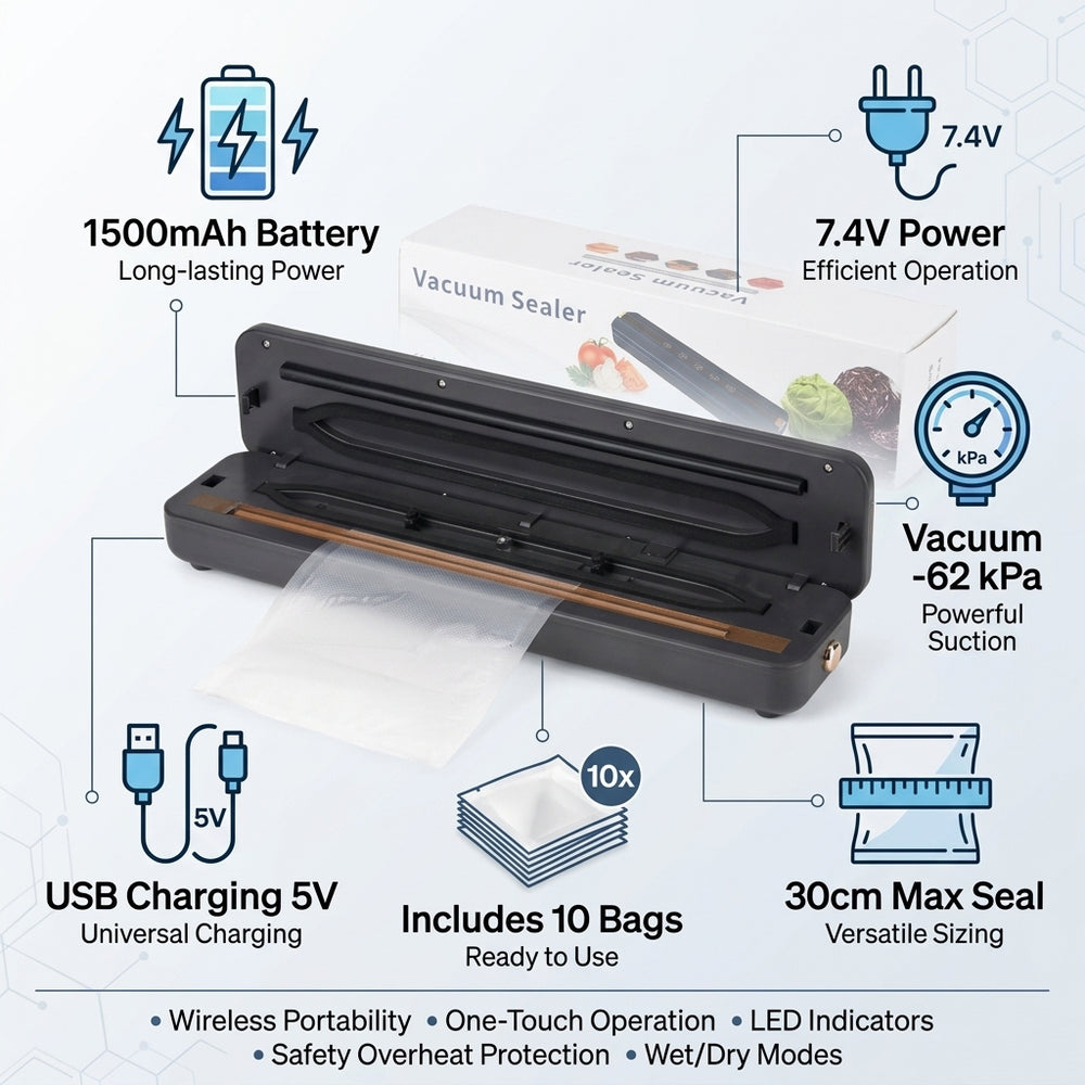 Rechargeable Wireless Vacuum Sealing Machine (1500 mAh) with 10 Bags - Black_8377866_5