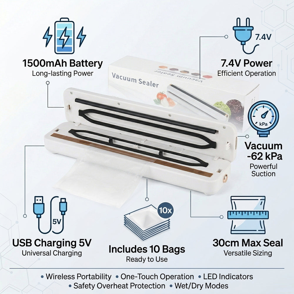 Rechargeable Wireless Vacuum Sealing Machine (1500 mAh) with 10 Bags - White_8377868_5