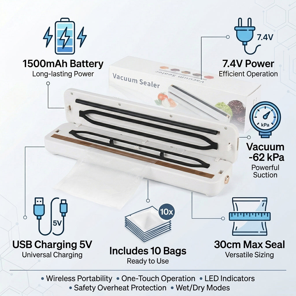 Rechargeable Wireless Vacuum Sealing Machine (1500 mAh) with 10 Bags - White_8377868_5
