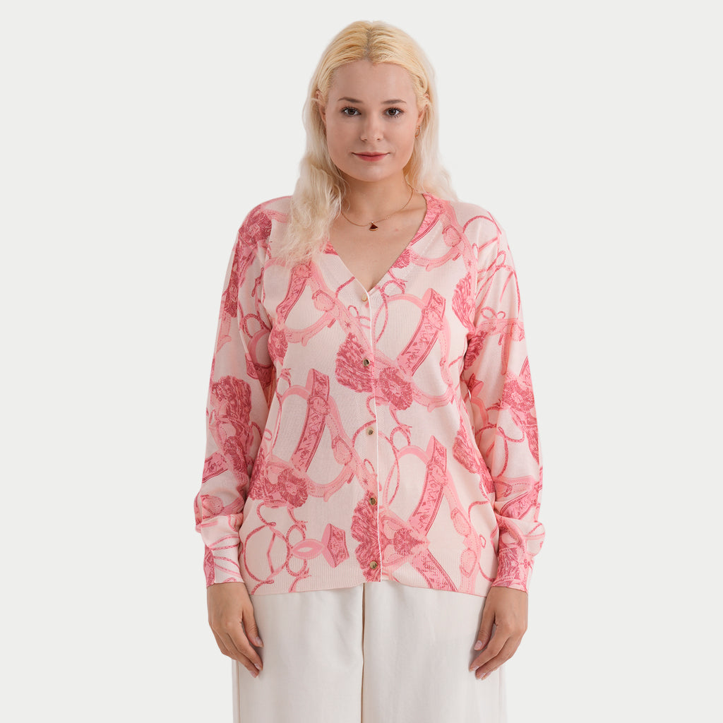 & Maisi Womens Printed V-Neck Cardigan (Size L/XL, 16-22) - Pink & Light Rose Red_8379415
