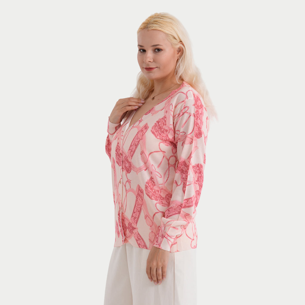 & Maisi Womens Printed V-Neck Cardigan (Size L/XL, 16-22) - Pink & Light Rose Red_8379415_2