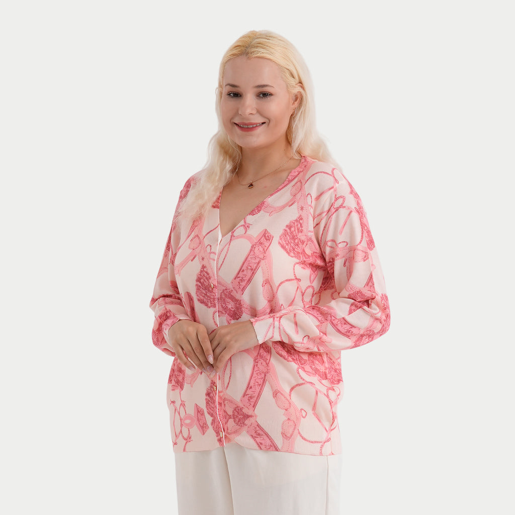 & Maisi Womens Printed V-Neck Cardigan (Size L/XL, 16-22) - Pink & Light Rose Red_8379415_3