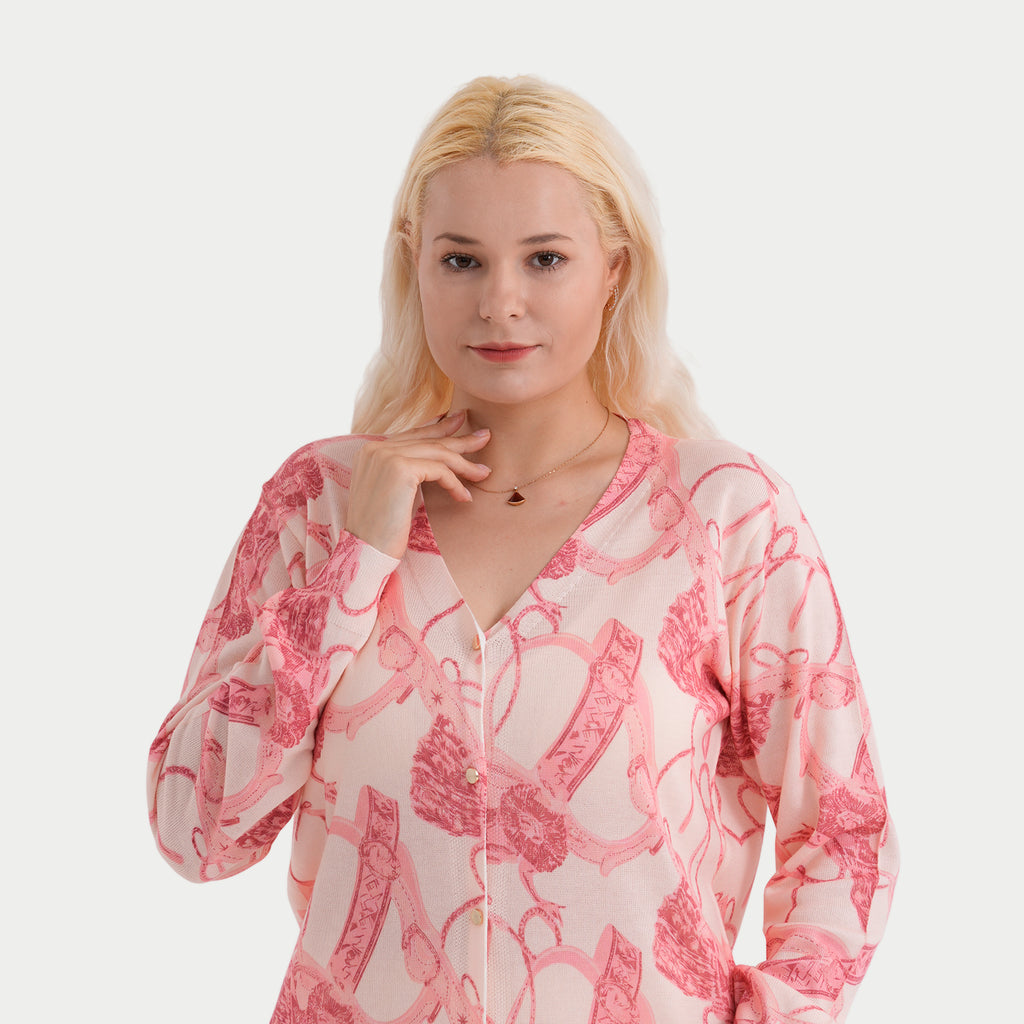 & Maisi Womens Printed V-Neck Cardigan (Size L/XL, 16-22) - Pink & Light Rose Red_8379415_4