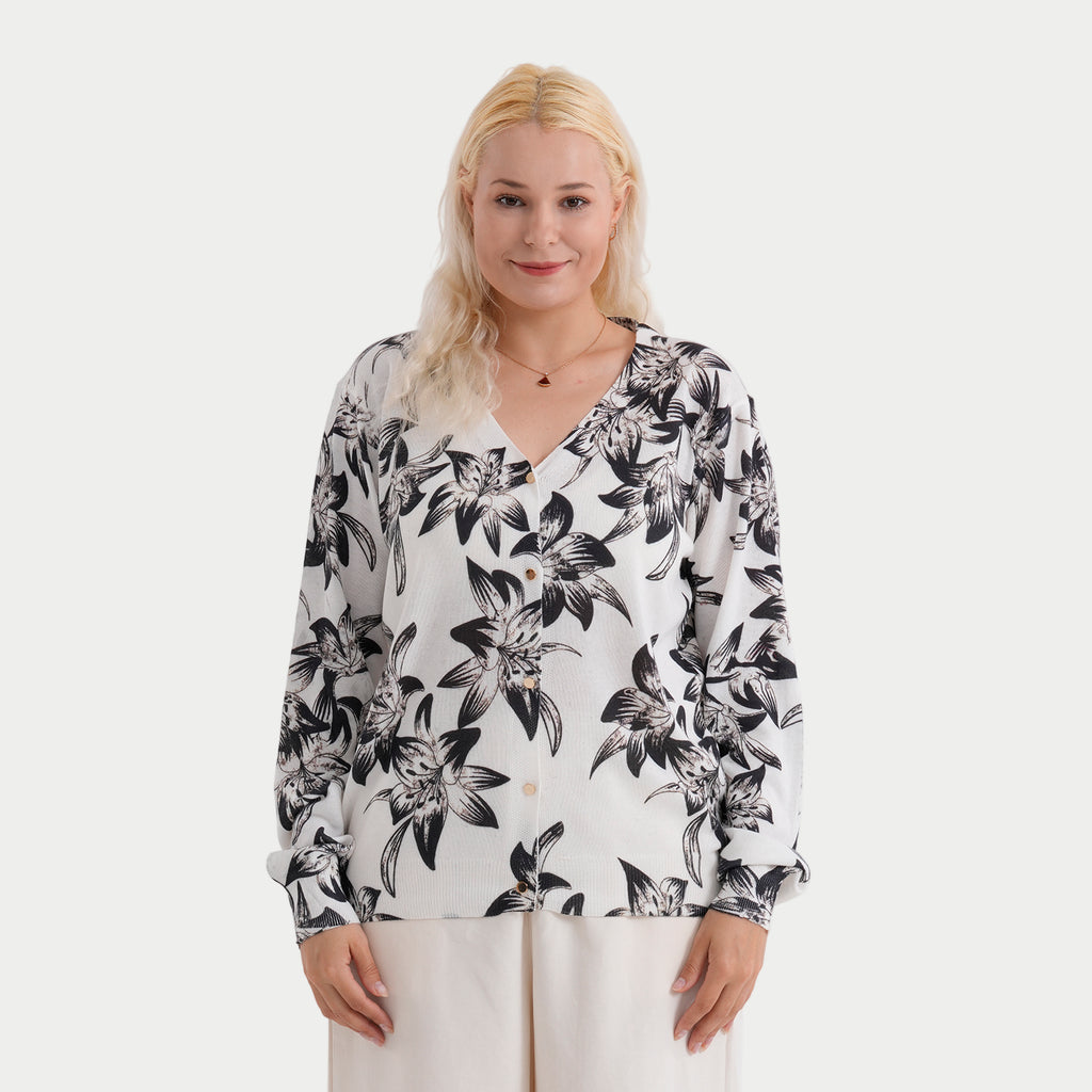 & Maisi Womens Printed V-Neck Cardigan (Size S/M, 8-14) - White & Black_8379424
