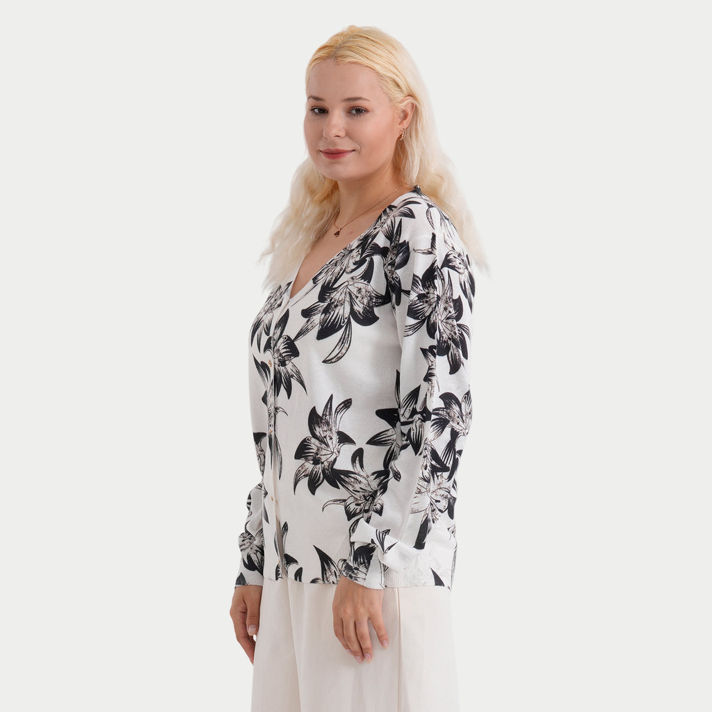 & Maisi Womens Printed V-Neck Cardigan (Size S/M, 8-14) - White & Black_8379424_2