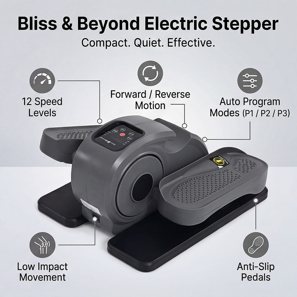 "Bliss & Beyond Stepper without bluetooth  -Grey                                                              Speed- 1-12 gears 2. The running direction can be adjusted (forward or reverse). 3. Mode-