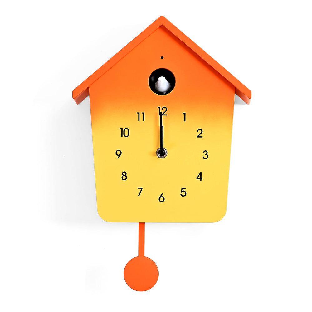 Modern Cuckoo Wall Clock with Pendulum Powered by 3 x AA Batteries (Not Incl.) - Singing Bird with Automatic Night-Time Silent Mode - Orange