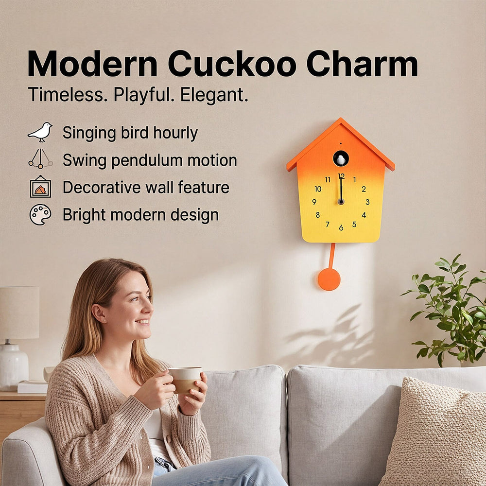 Modern Cuckoo Wall Clock with Pendulum Powered by 3 x AA Batteries (Not Incl.) - Singing Bird with Automatic Night-Time Silent Mode - Orange