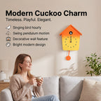 Modern Cuckoo Wall Clock with Pendulum Powered by 3 x AA Batteries (Not Incl.) - Singing Bird with Automatic Night-Time Silent Mode - Orange