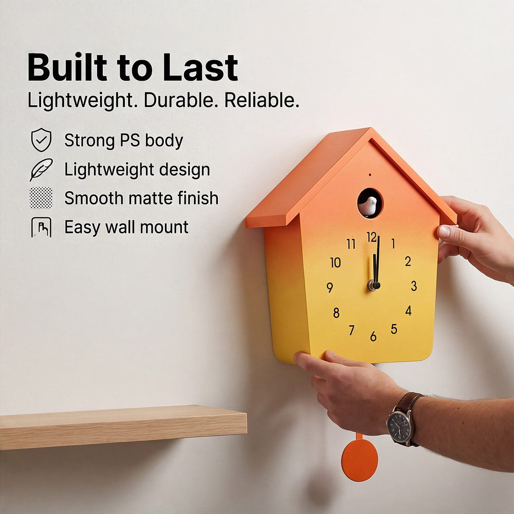 Modern Cuckoo Wall Clock with Pendulum Powered by 3 x AA Batteries (Not Incl.) - Singing Bird with Automatic Night-Time Silent Mode - Orange