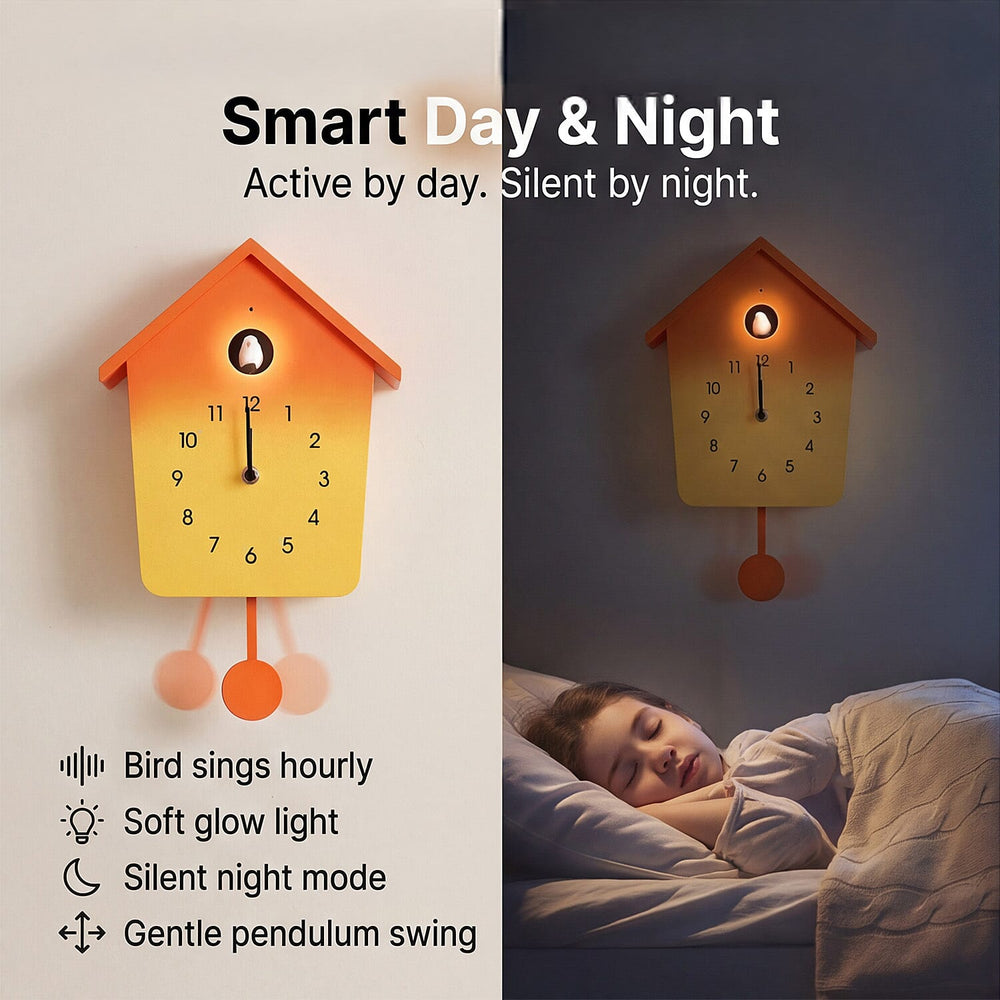 Modern Cuckoo Wall Clock with Pendulum Powered by 3 x AA Batteries (Not Incl.) - Singing Bird with Automatic Night-Time Silent Mode - Orange