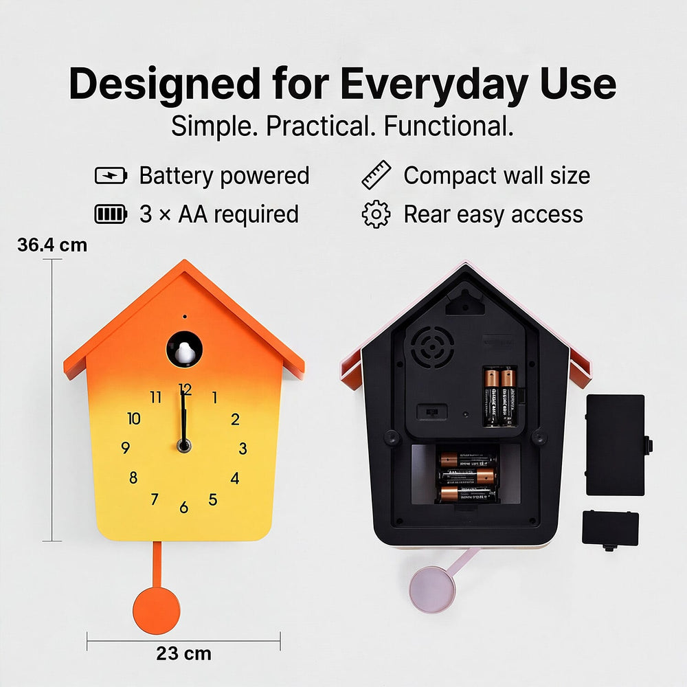 Modern Cuckoo Wall Clock with Pendulum Powered by 3 x AA Batteries (Not Incl.) - Singing Bird with Automatic Night-Time Silent Mode - Orange