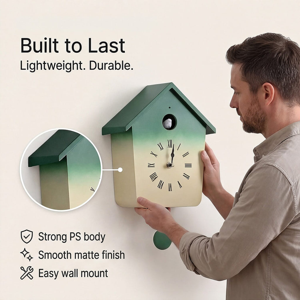 Modern Cuckoo Wall Clock with Pendulum Powered by 3 x AA Batteries (Not Incl.) - Singing Bird with Automatic Night-Time Silent Mode - Green