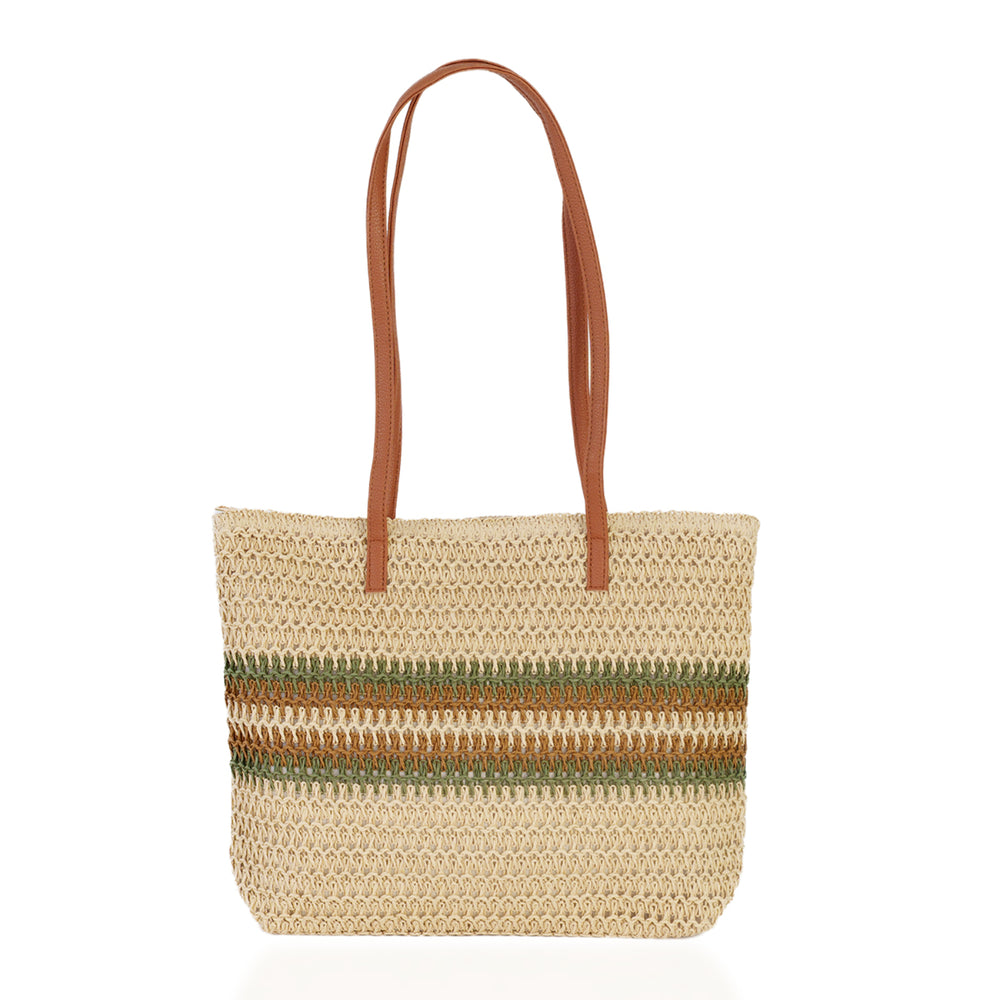 Canvas Striped Shoulder Tote Bag with Handles - Green_8412536
