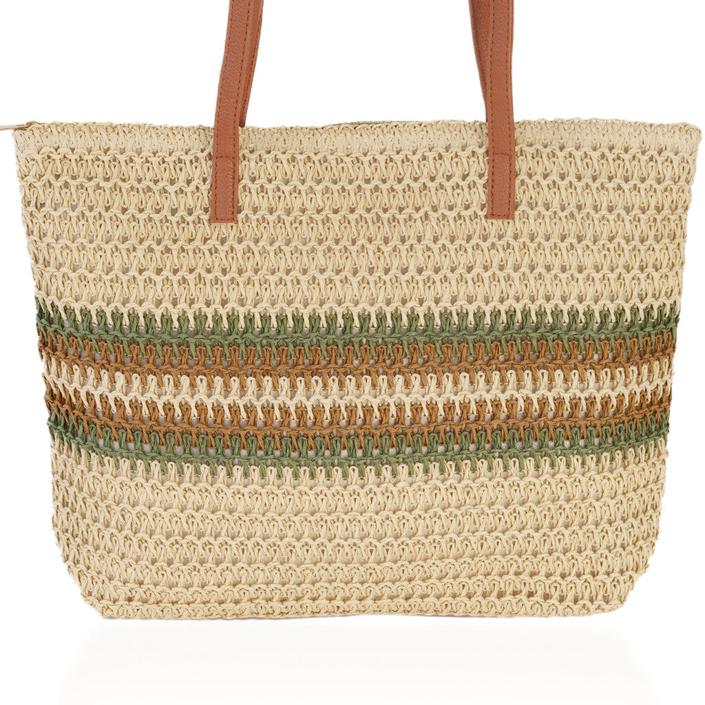 Canvas Striped Shoulder Tote Bag with Handles - Green_8412536_2