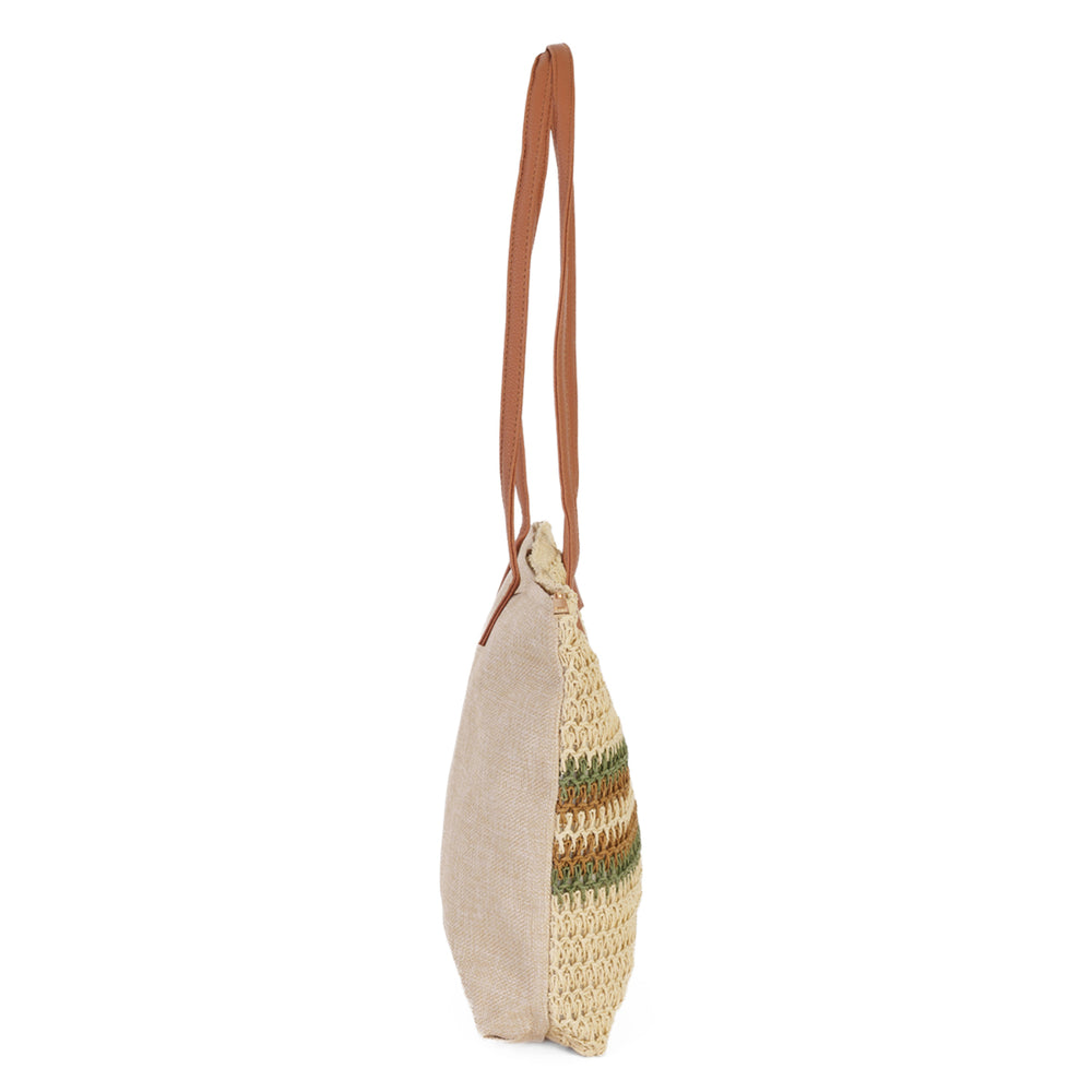 Canvas Striped Shoulder Tote Bag with Handles - Green_8412536_3