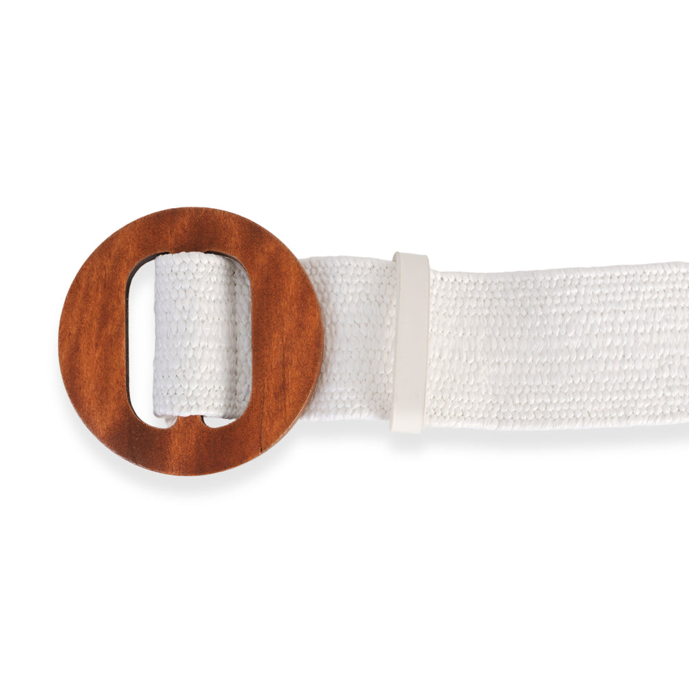 Elasticated Stretch Waist Belt with Round Wooden Buckle (105 cm) - White_8412547_1