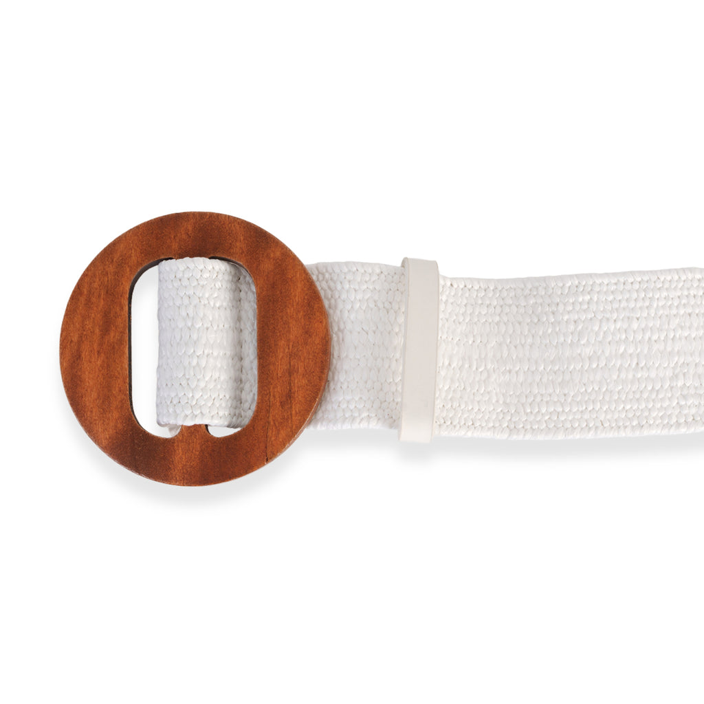 Elasticated Stretch Waist Belt with Round Wooden Buckle (105 cm) - White_8412547_1