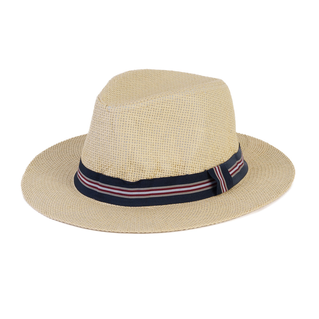 Paper Straw Fedora Sun Hat with Striped Band - Natural & Navy_8412580