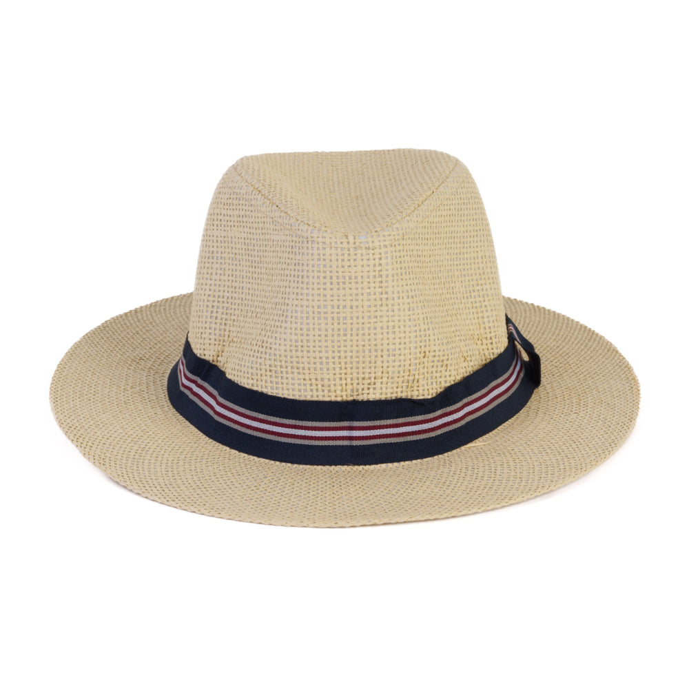 Paper Straw Fedora Sun Hat with Striped Band - Natural & Navy_8412580_1