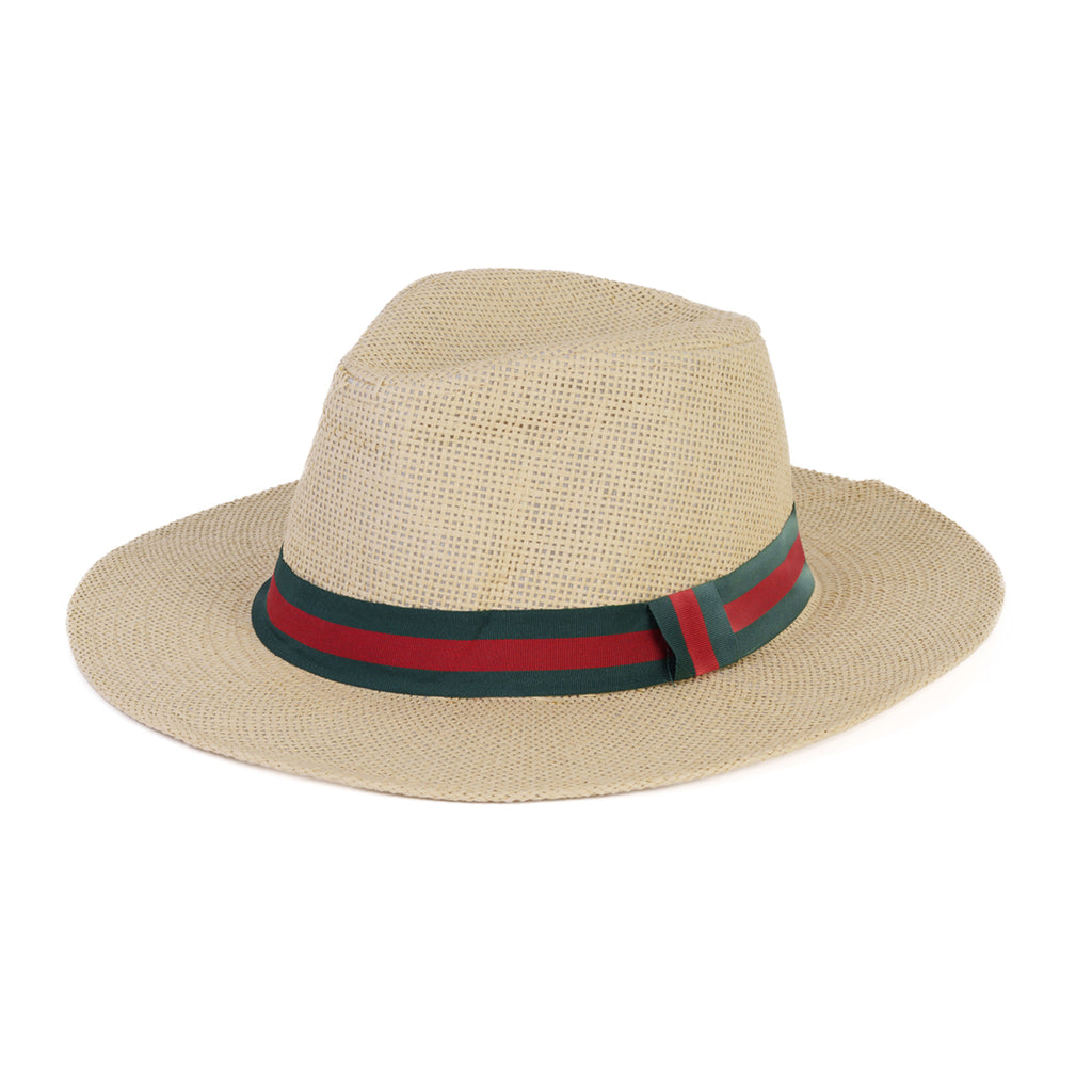 Paper Straw Fedora Sun Hat with Striped Band - Red & Green_8412581