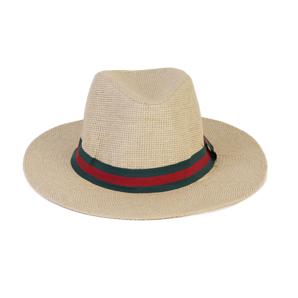 Paper Straw Fedora Sun Hat with Striped Band - Red & Green_8412581_1