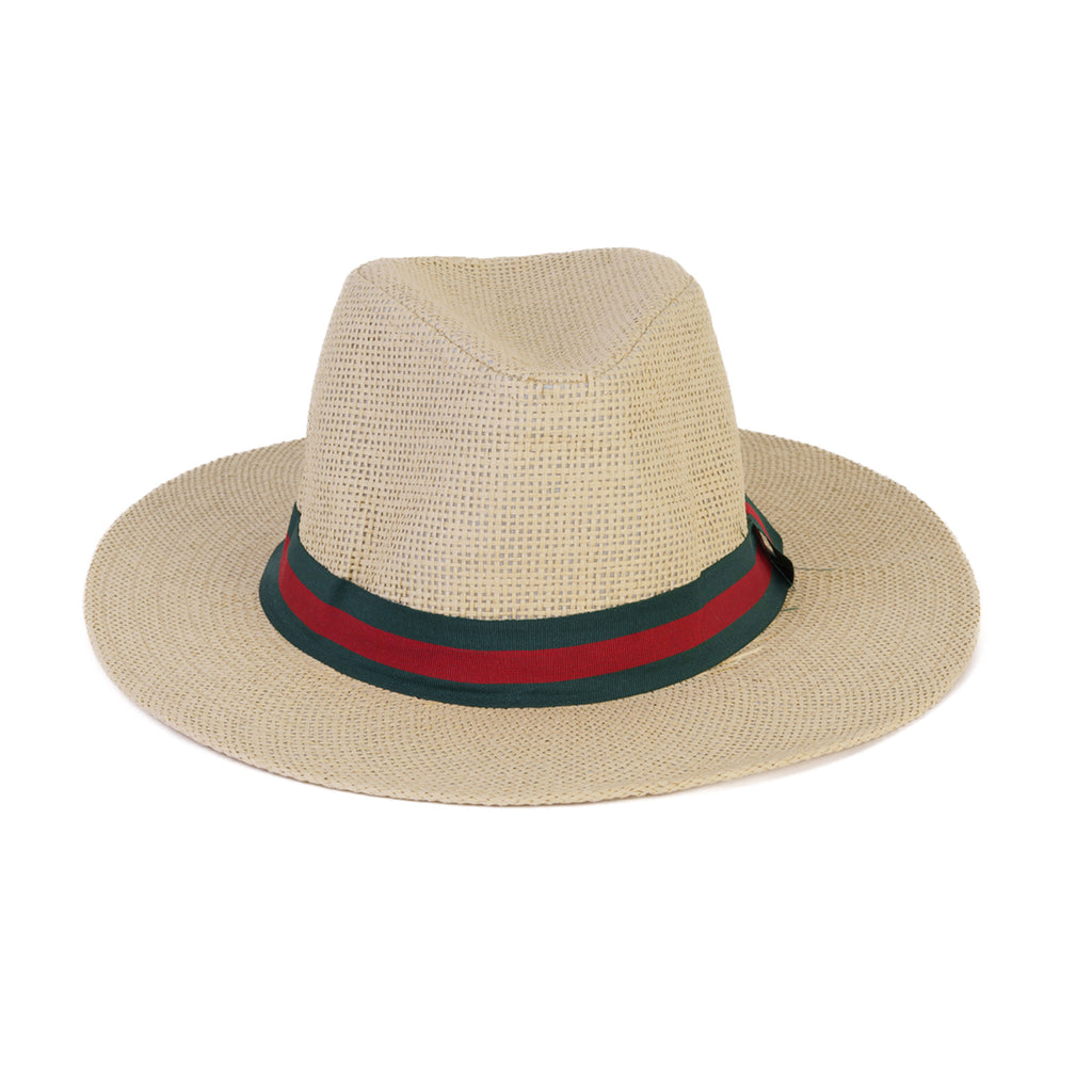 Paper Straw Fedora Sun Hat with Striped Band - Red & Green_8412581_1