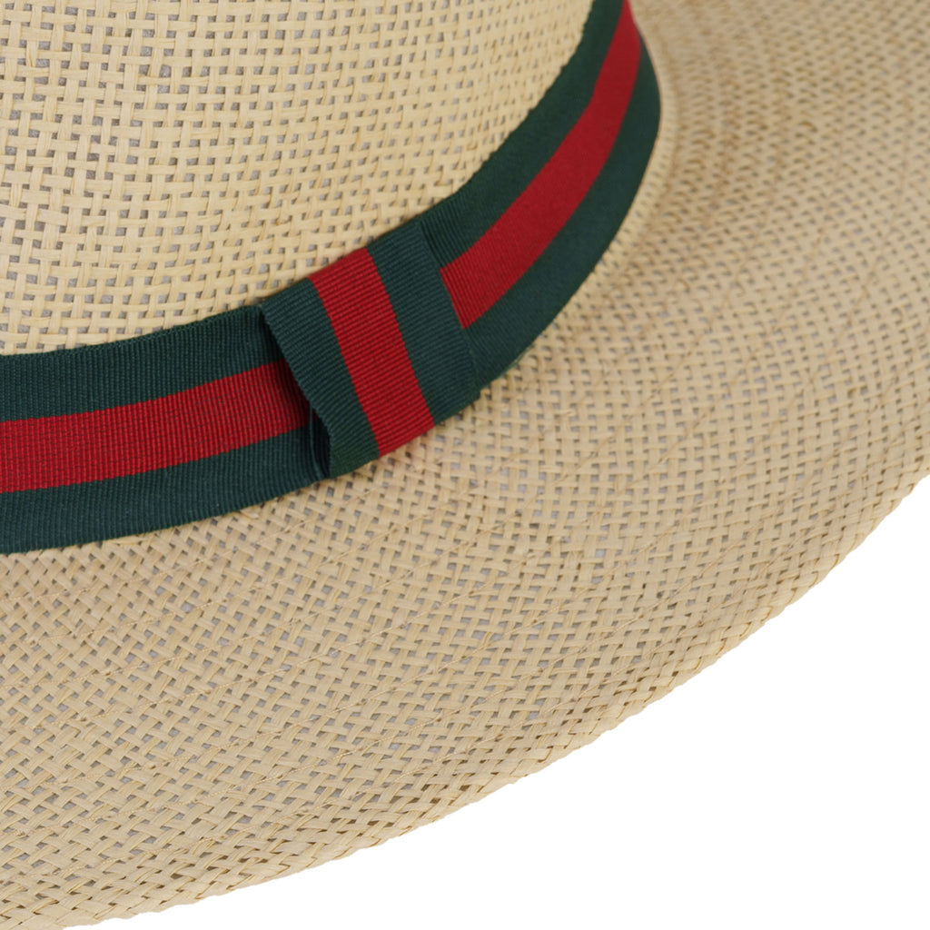 Paper Straw Fedora Sun Hat with Striped Band - Red & Green_8412581_3