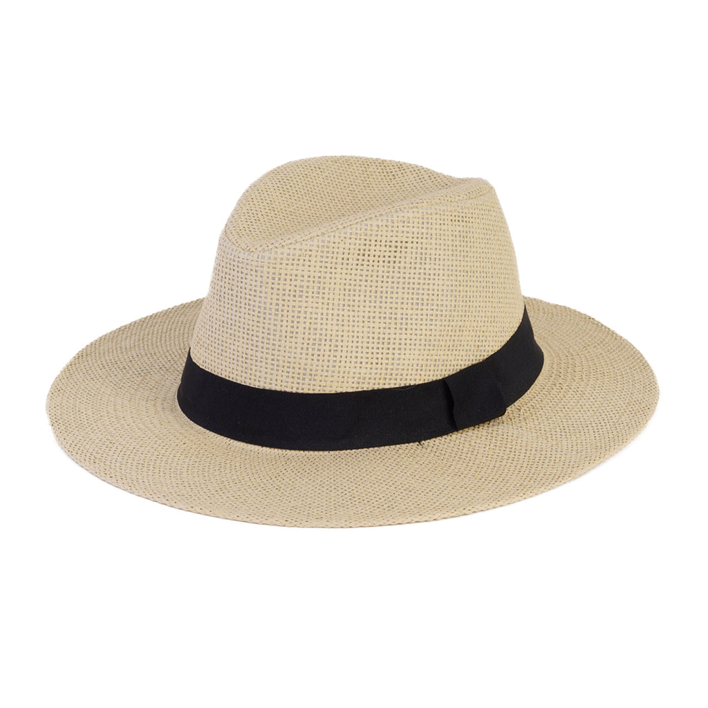 Paper Straw Fedora Sun Hat with Striped Band - Black_8412582