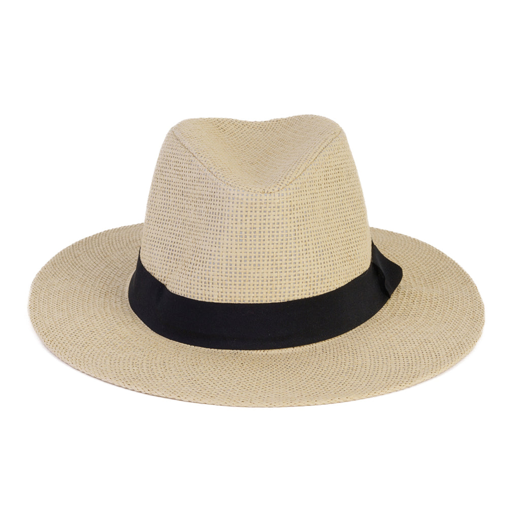Paper Straw Fedora Sun Hat with Striped Band - Black_8412582_1