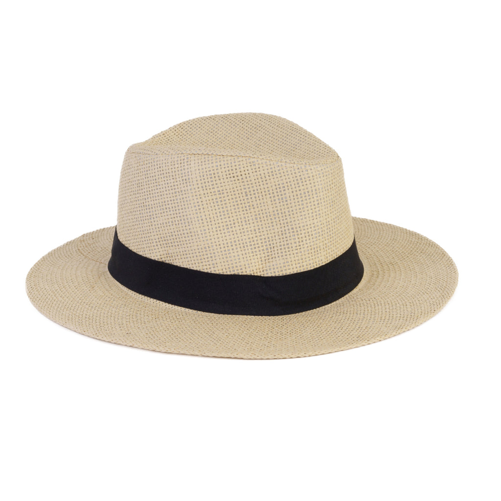Paper Straw Fedora Sun Hat with Striped Band - Black_8412582_2