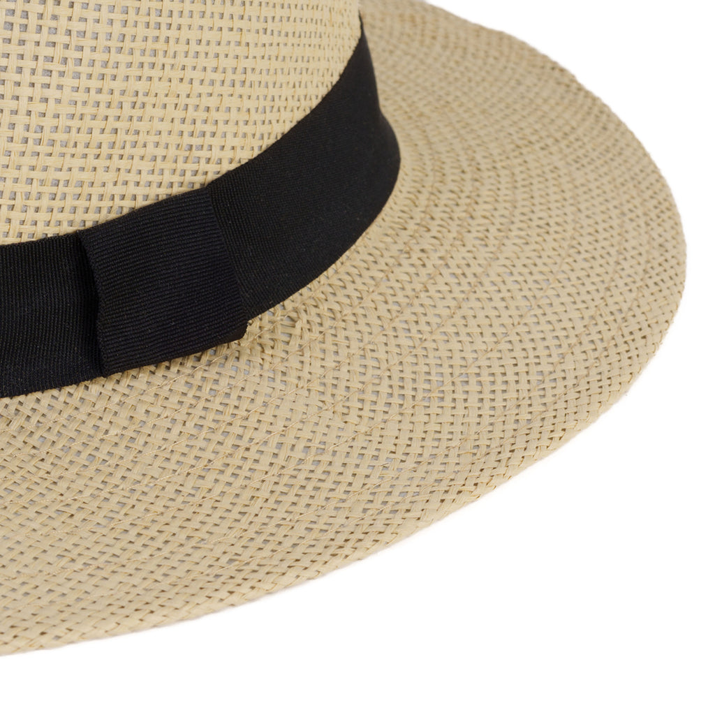 Paper Straw Fedora Sun Hat with Striped Band - Black_8412582_3