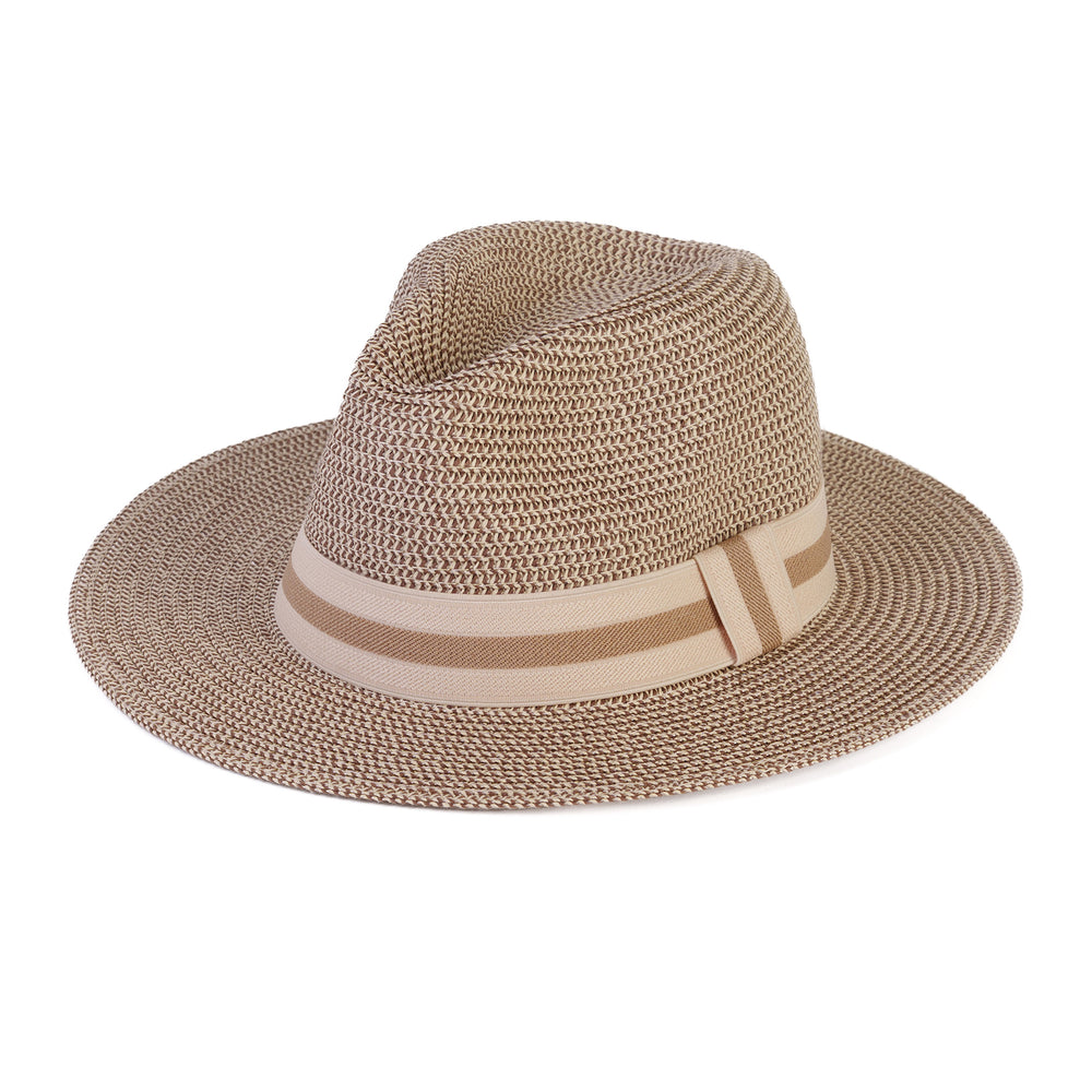 Coastal Accessories Wide-brim Panama Hat with Striped Ribbon - Beige_8412595