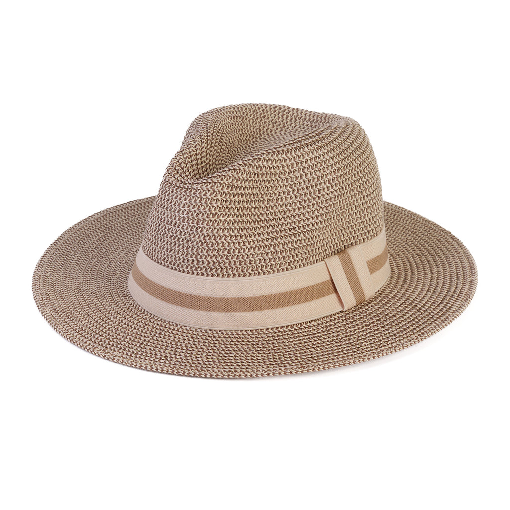 Coastal Accessories Wide-brim Panama Hat with Striped Ribbon - Beige_8412595