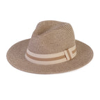 Coastal Accessories Wide-brim Panama Hat with Striped Ribbon - Beige_8412595
