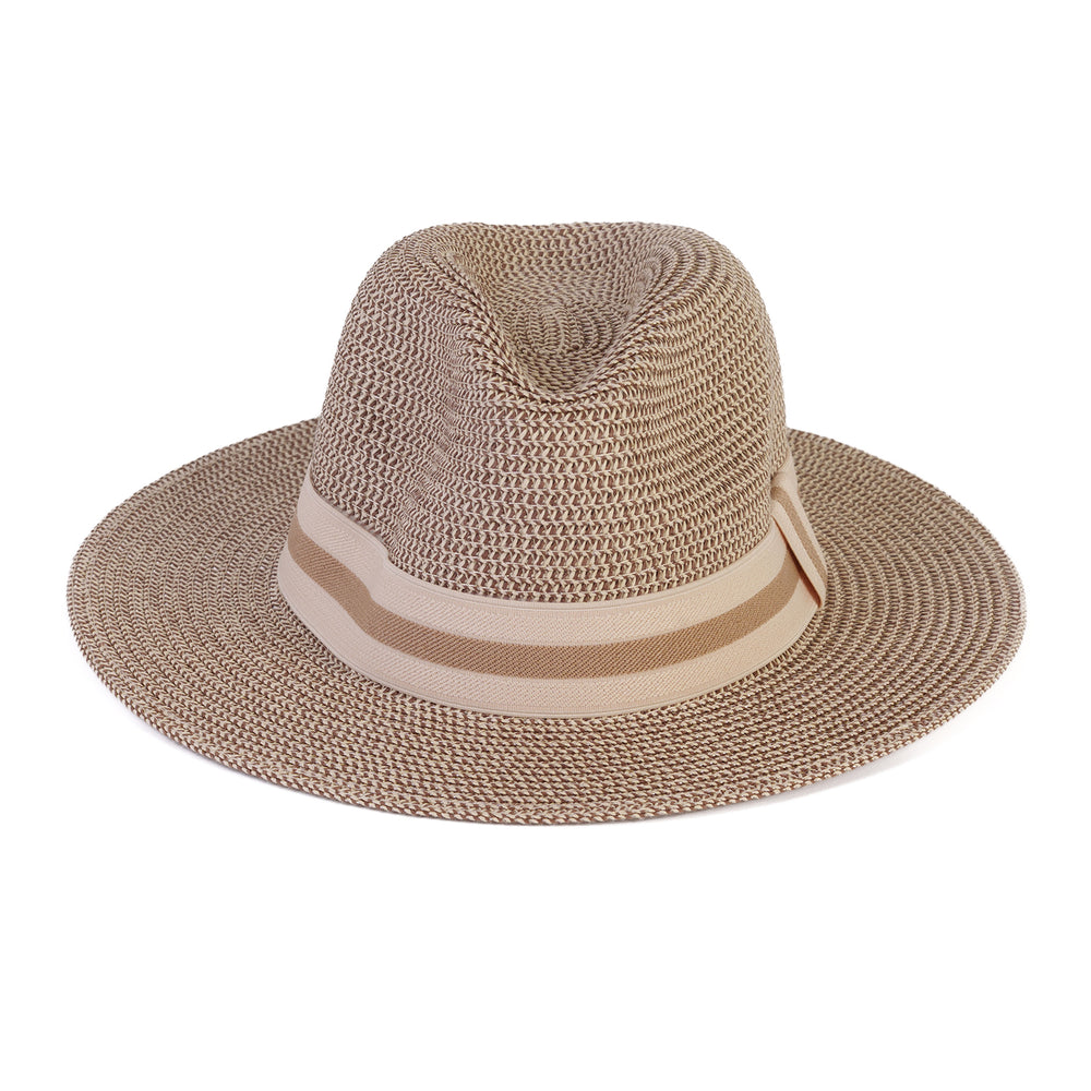 Coastal Accessories Wide-brim Panama Hat with Striped Ribbon - Beige_8412595_1