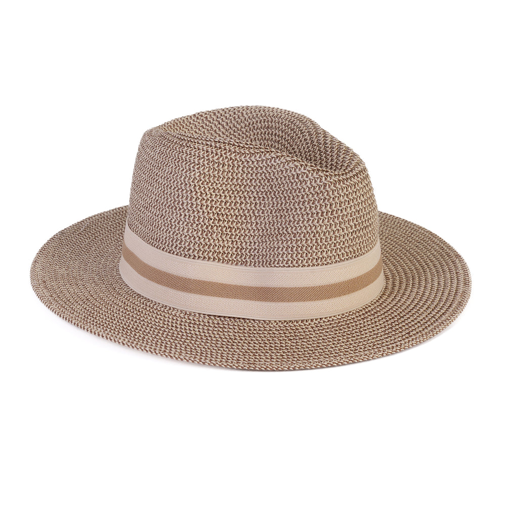 Coastal Accessories Wide-brim Panama Hat with Striped Ribbon - Beige_8412595_2