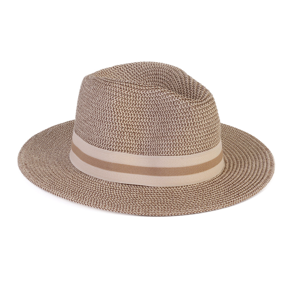 Coastal Accessories Wide-brim Panama Hat with Striped Ribbon - Beige_8412595_2