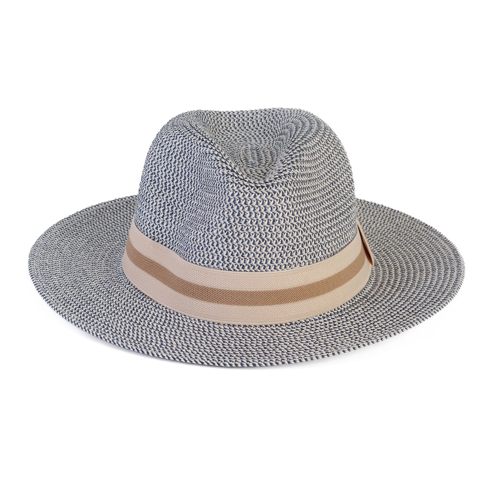 Coastal Accessories Wide-brim Panama Hat with Striped Ribbon - Grey_8412596_1