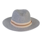 Coastal Accessories Wide-brim Panama Hat with Striped Ribbon - Grey_8412596_1