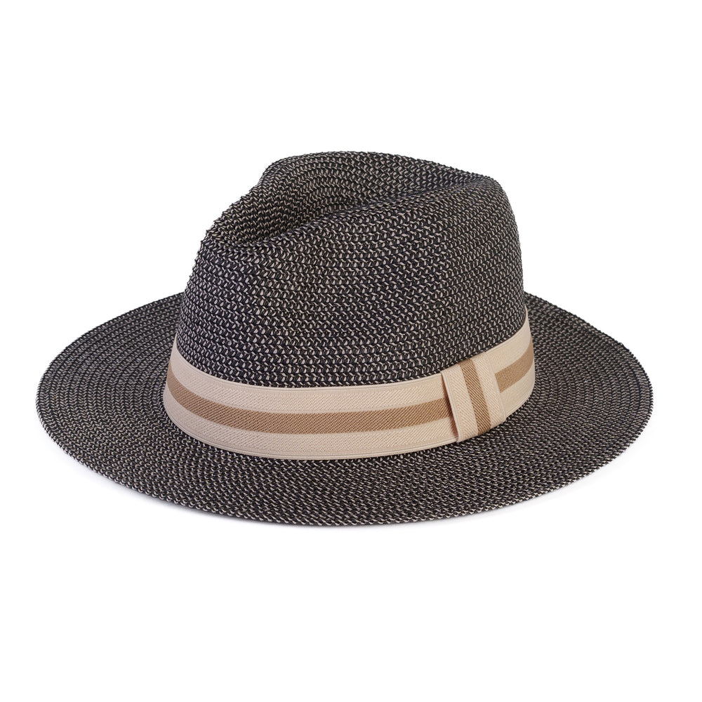 Coastal Accessories Wide-brim Panama Hat with Striped Ribbon - Black_8412597