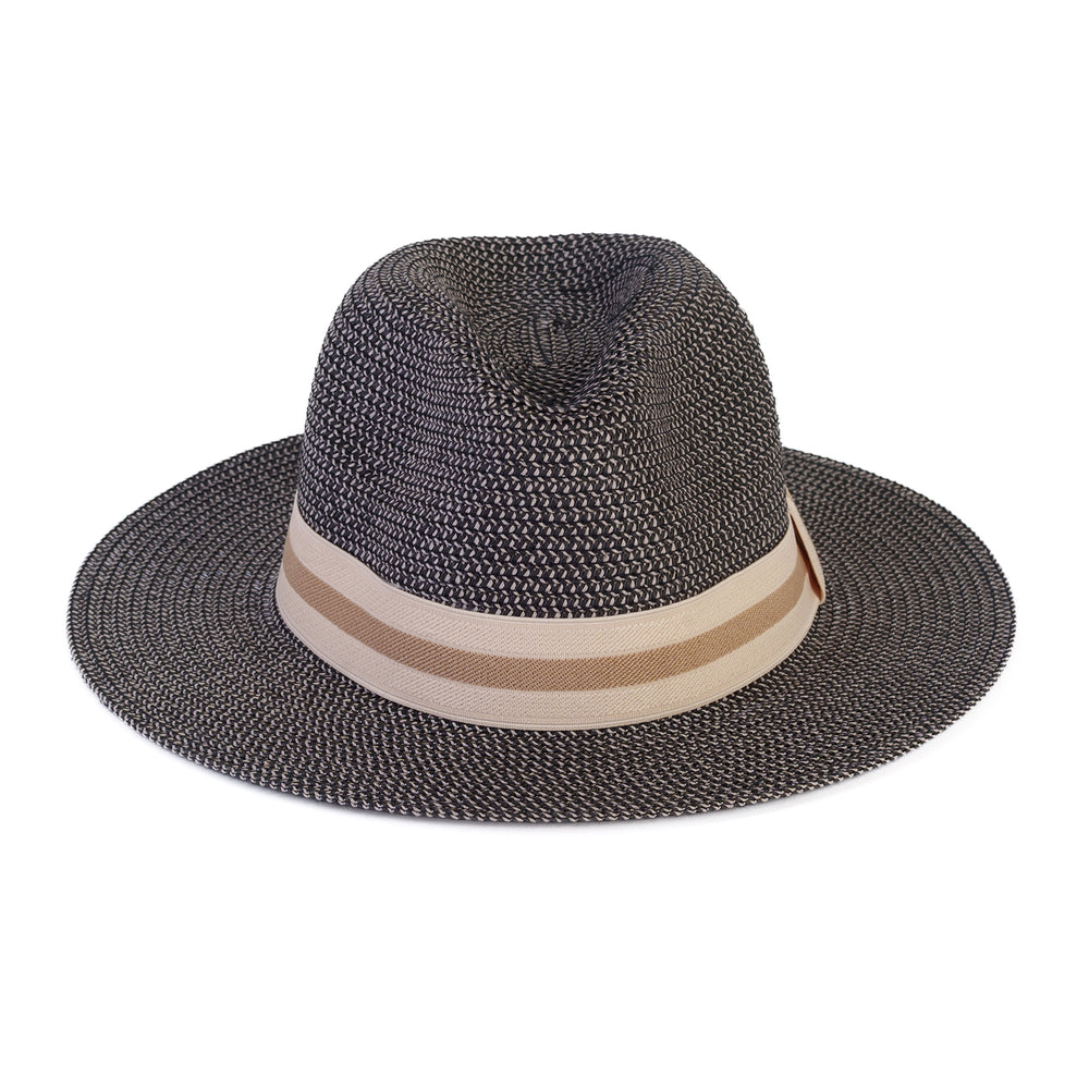 Coastal Accessories Wide-brim Panama Hat with Striped Ribbon - Black_8412597_1