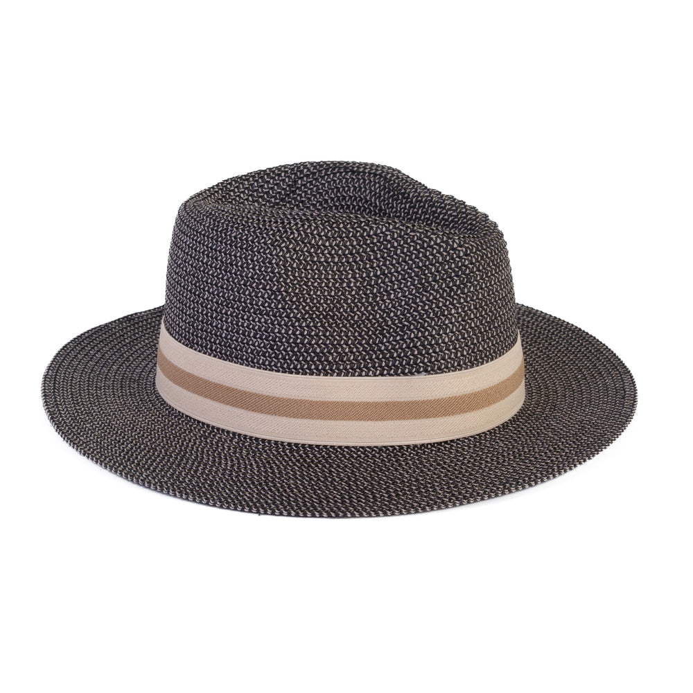 Coastal Accessories Wide-brim Panama Hat with Striped Ribbon - Black_8412597_2