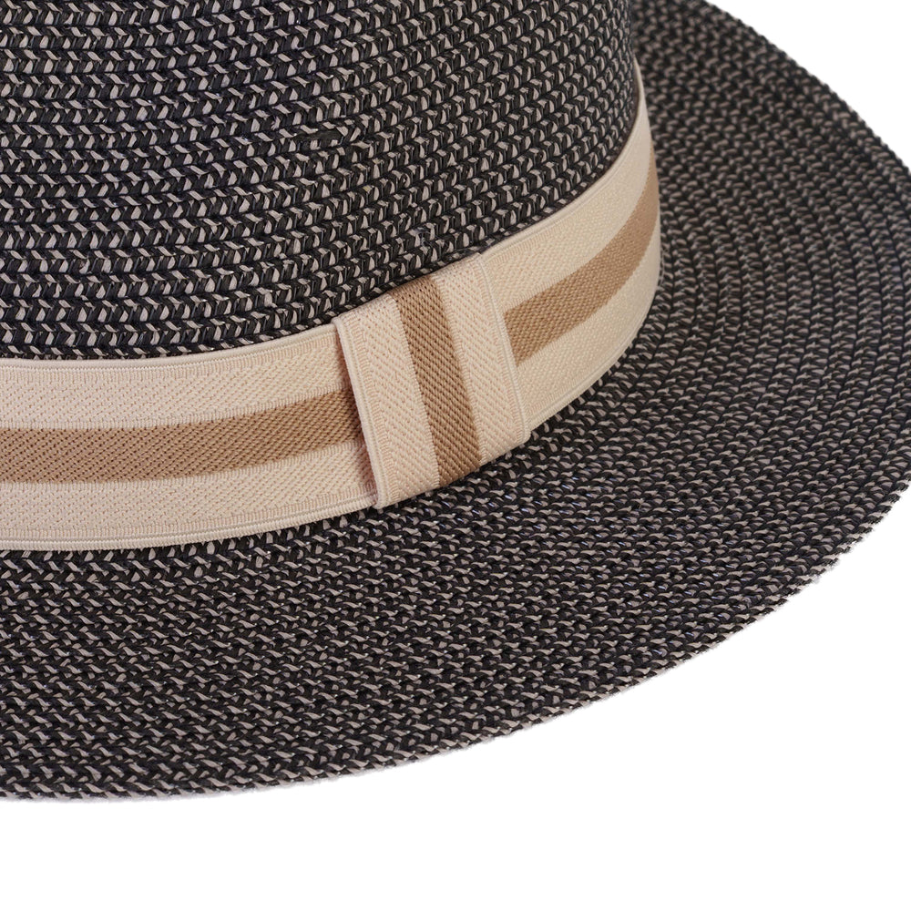 Coastal Accessories Wide-brim Panama Hat with Striped Ribbon - Black_8412597_3